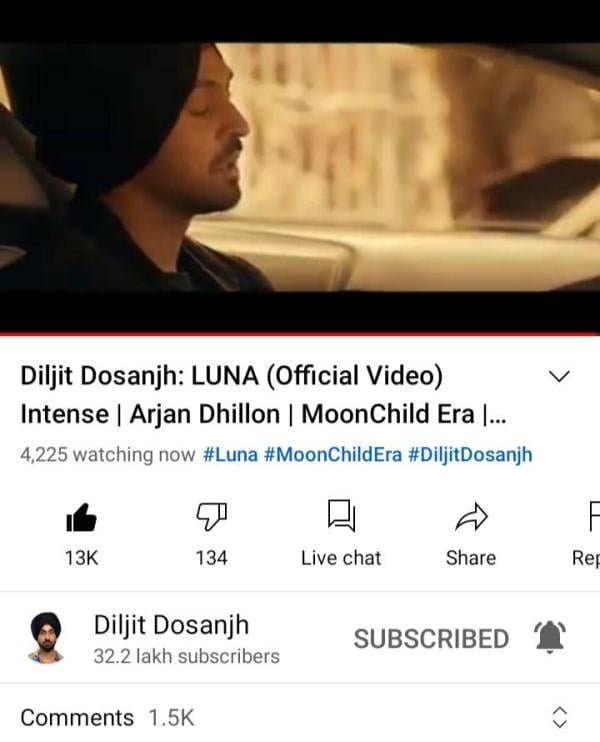 Diljit Dosanjh in a still from the music video of the song Luna (2021) written by Arjan Dhillon