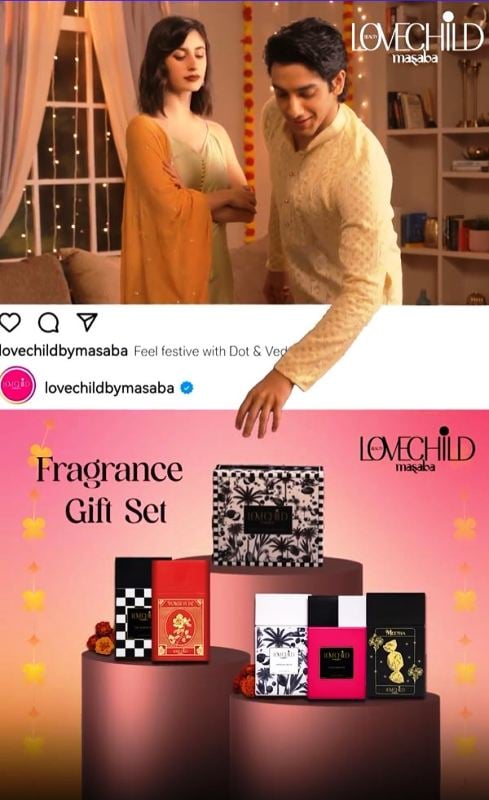 Dot aka Aditi Saigal in a digital advertisement for the perfume brand LoveChild by Masaba (2023)