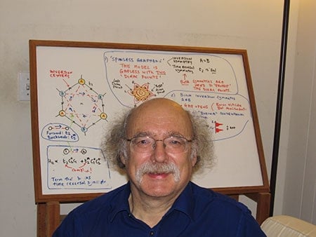Duncan Haldane sitting in front of a whiteboard on which he has solved physics equations