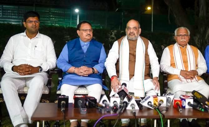 Dushyant Chautala (extreme left) with Amit Shah, JP Nadda, and Manohar Lal Khattar
