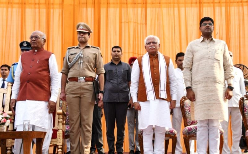 Dushyant Chautala (extreme right) with Manohar Lal Khattar at the oath taking ceremony
