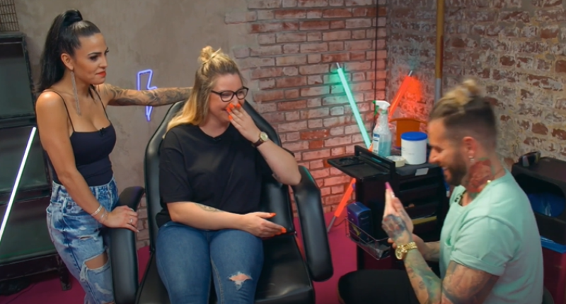 Elena Miras (extreme left) in a still from the reality television series Just Tattoo Of Us (2020)