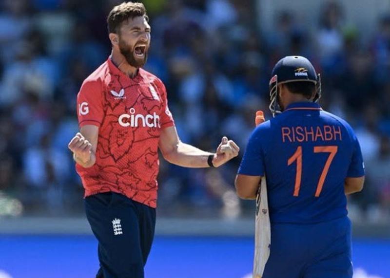 England’s Richard Gleeson celebrates after dismissing Rishabh Pant during the second T20 international at Edgbaston in July