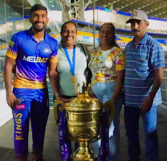 Eshan Malinga with his family after winning the 2024 Lanka Premier League Trophy
