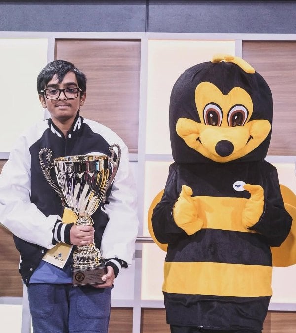 Faizan Zaki Dallas after winning the 2024 Regional Spelling Bee