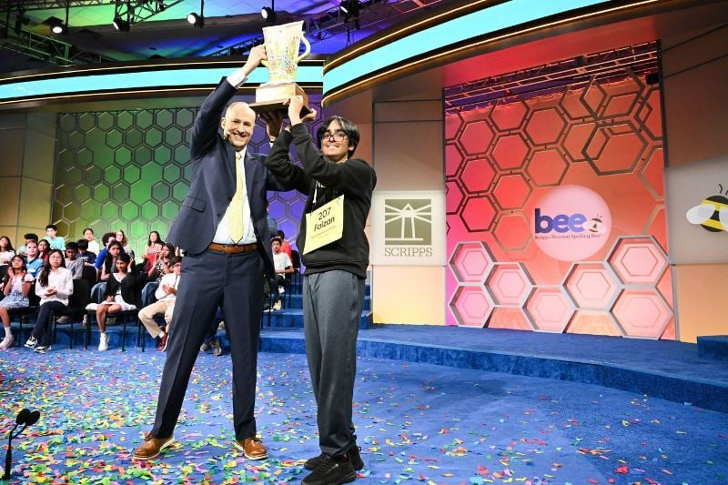 Faizan Zaki, after being announced the winner of the 97th Scripps National Spelling Bee