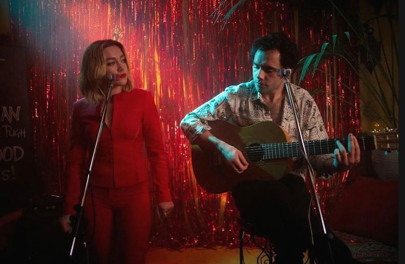 Florence Pugh and Toby Sebastian in a still from the music video of the song