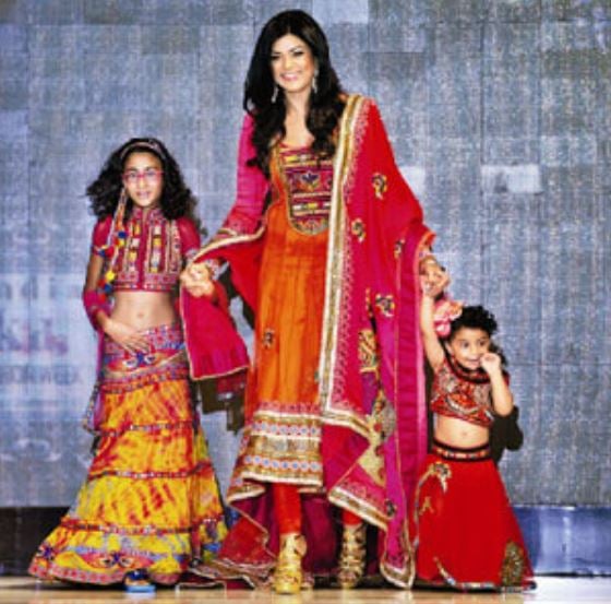 From left to right, Renee Sen, Sushmita Sen, and Alisah Sen walking the ramp for the grand finale by designer Nishka Lulla at India Kids Fashion Week in 2012