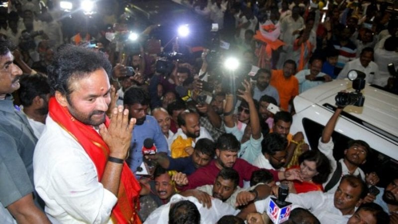 G. Kishan Reddy greeting his followers after the president of the Telangana BJP