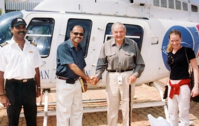 G. R. Gopinath posing with Deccan Aviation’s helicopter service