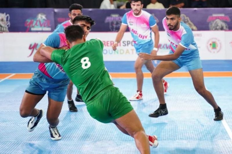 Gaurav Dahiya (extreme right) during a match in the Yuva Kabaddi Series Summer Edition 2023