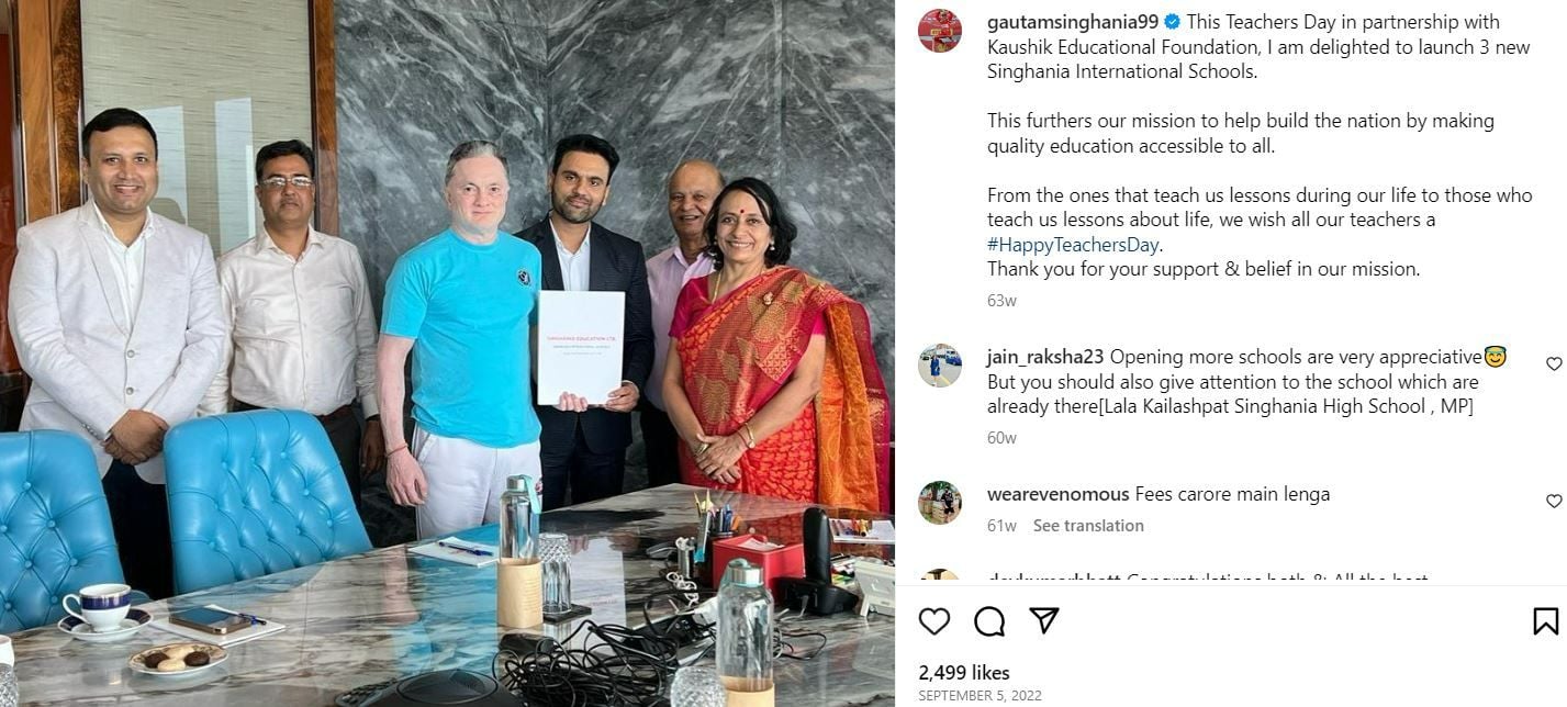 Gautam Singhania’s Instagram post about launching three Singhania International Schools in collaboration with the Kaushik Educational Foundation in September 2022