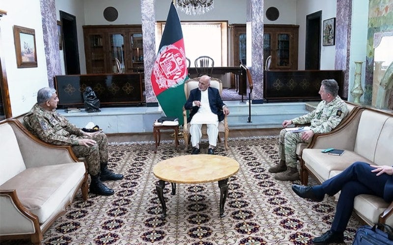General Qamar Javed Bajwa with President Ashraf Ghani during a discussion in Afghanistan