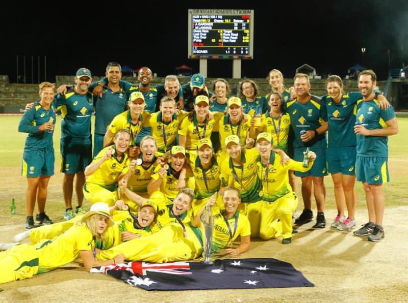 Georgia Wareham and her teammates celebrating with the 2018 ICC Women