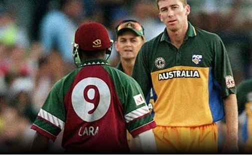 Glenn Mcgrath with Brian Lara during a match