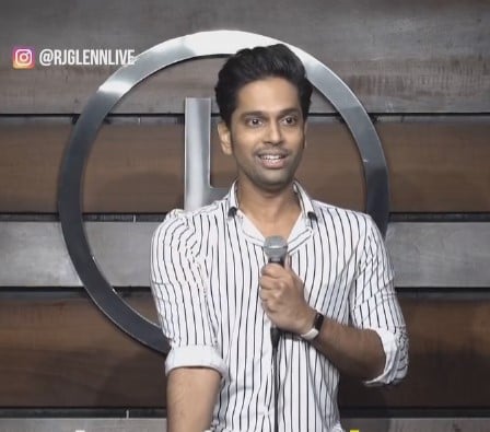 Glenn Saldanha as a standup comedian