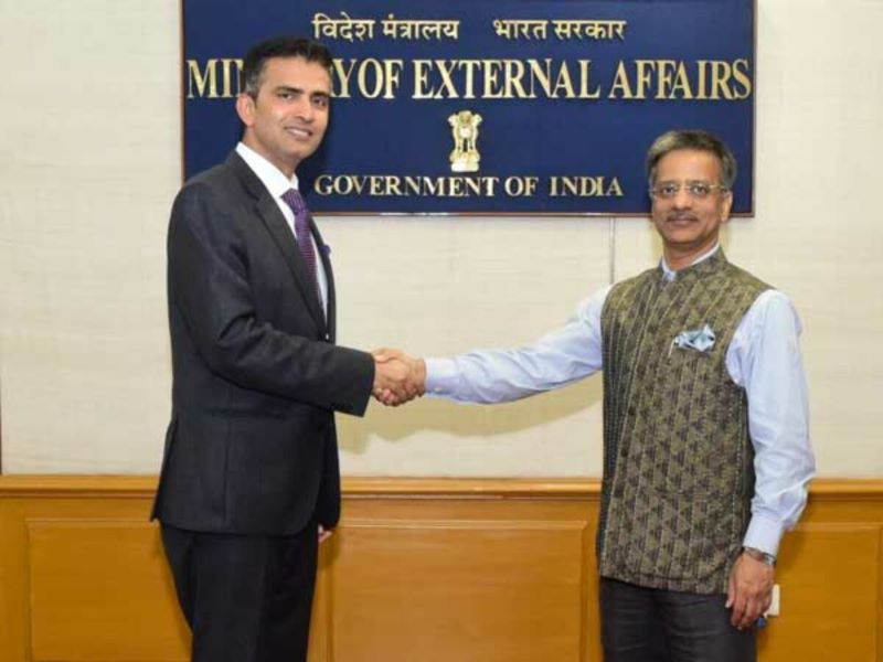 Gopal Baglay shaking hands with Raveesh Kumar after Raveesh was appointed as the official spokesperson of the MEA
