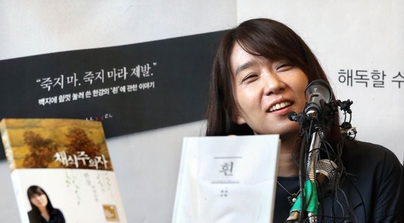 Han Kang during the press conference of her novel titled 