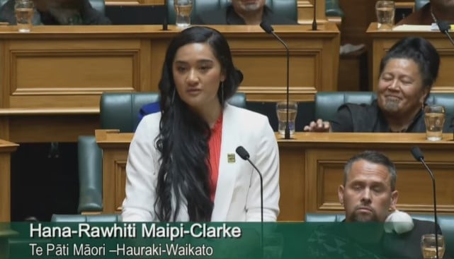 Hana-Rawhiti Maipi-Clarke while delivering a speech in New Zealand parliament