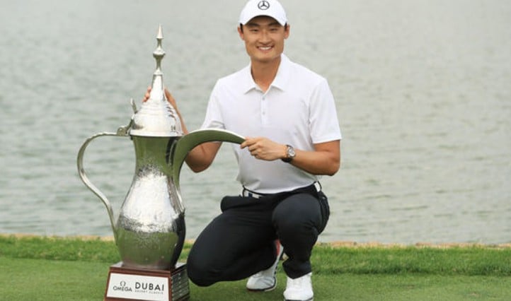 Haotong Li after winning the European Tour title at the Omega Dubai Desert Classic (2018)