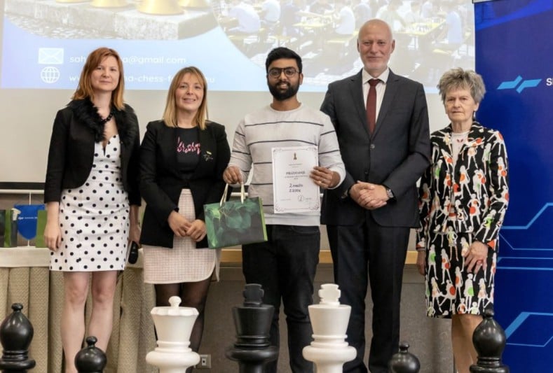 Harikrishnan A Ra at the Ljubljana Chess Festival 2024 holding his second GM norm certificate
