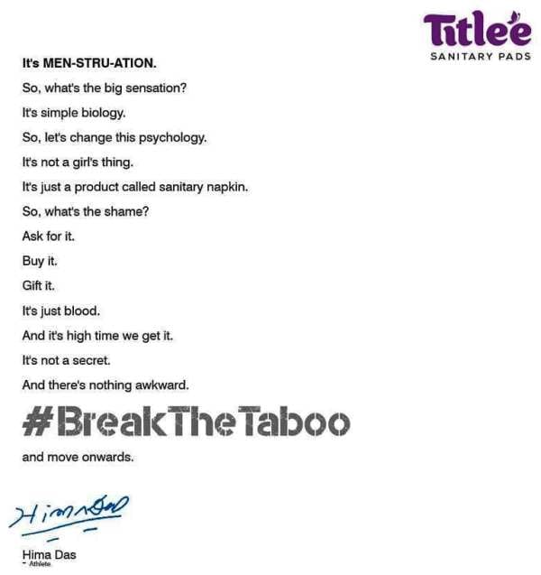 Hima Das Endorsing The Use of Sanitary Pads