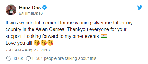 Hima Das tweet after winning Silver Medal