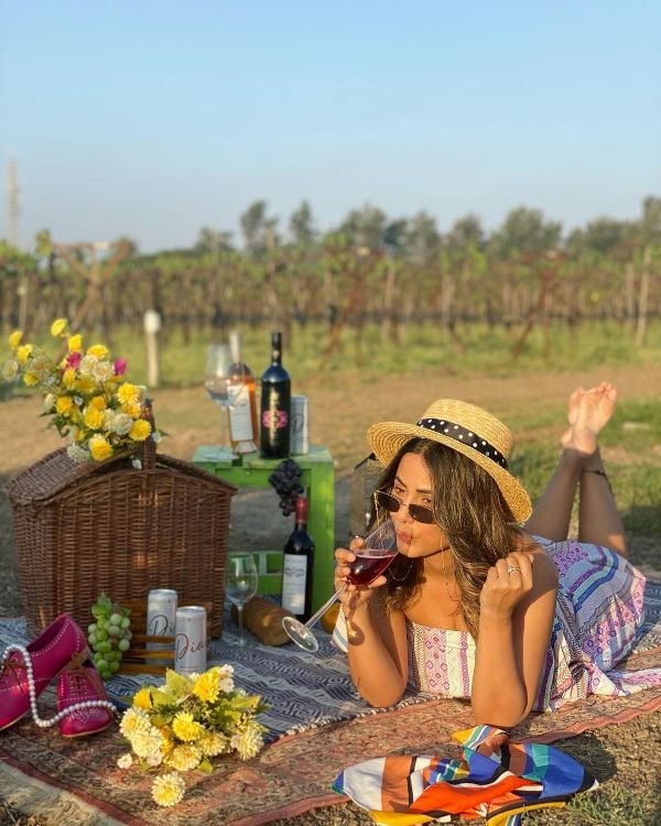Hina Khan while having wine
