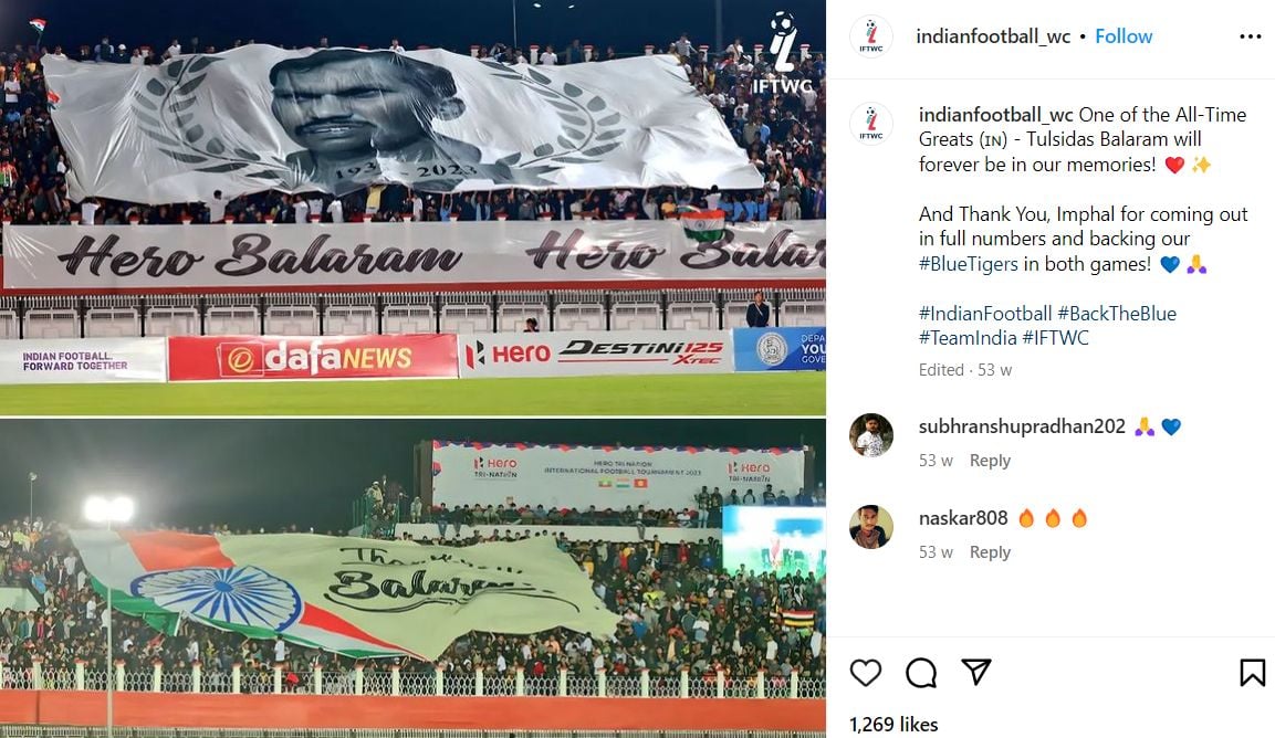 Honourary posters were raised in the football ground in 2023 to praise the contribution of Tulsidas Balaram to the Indian football in the 1950s-60s