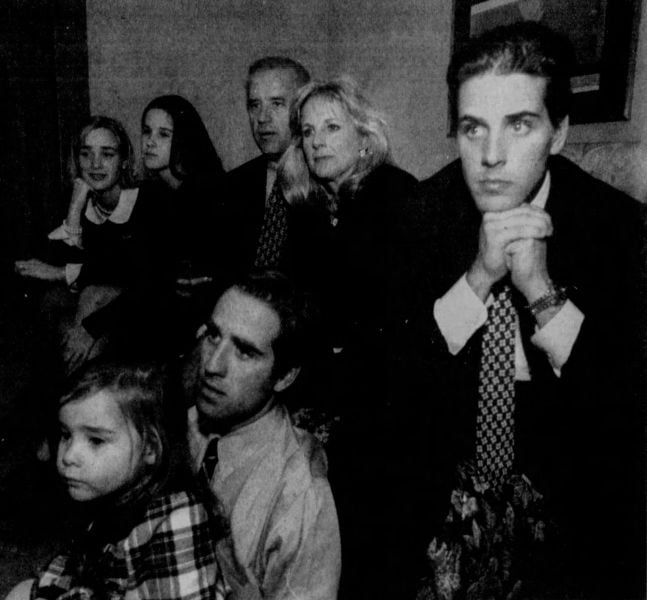 Hunter Biden standing behind Joe Biden while Joe was addressing the media during his Senate re-election