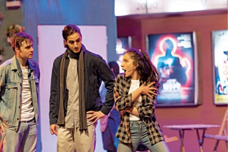 Ian Eldred as Mickey (left), Abdullah Ghazanfar as Eddie (centre), and Rasti Farooq as Linda (right)