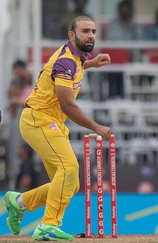 Iftikhar Ahmed bowling for Surrey Jaguars in the 2023 Global T20 Canada League