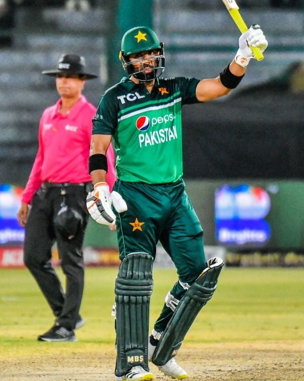 Iftikhar Ahmed waving his bat after scoring his maiden ODI century