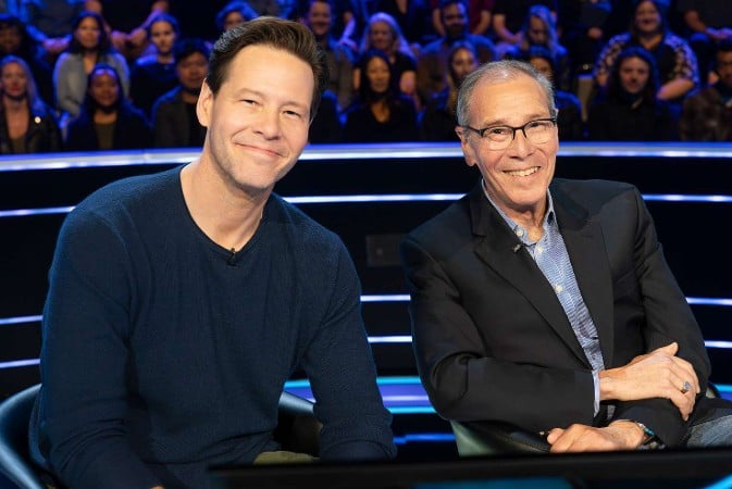 Ike Barinholtz with his father on the celebrity episode of Who Wants to Be a Millionaire on ABC (2024)