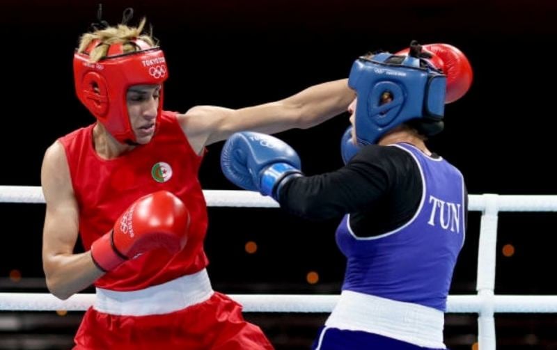 Imane Khelif (left) during her fight in 2020 Tokyo Olympics