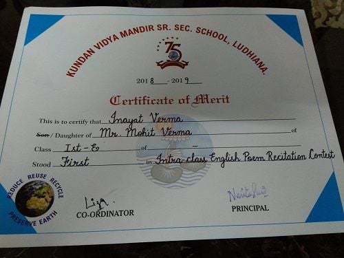 Inayat Verma’s certificate