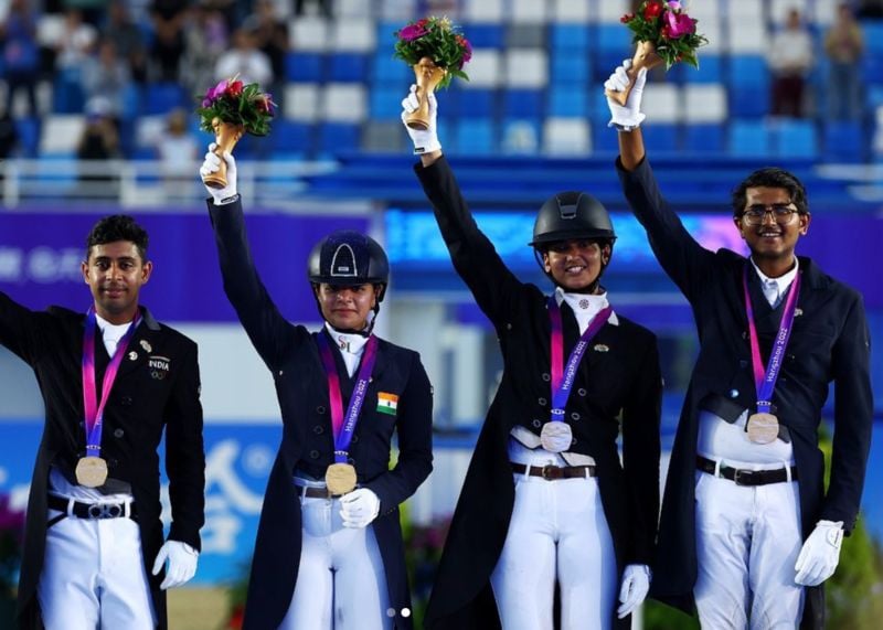 Indian Equestrian team (Anush Agarwalla, Sudpiti Hajela, Divyakriti Singh, and Hriday Chheda, from left to right) at the 2022 Asian Games