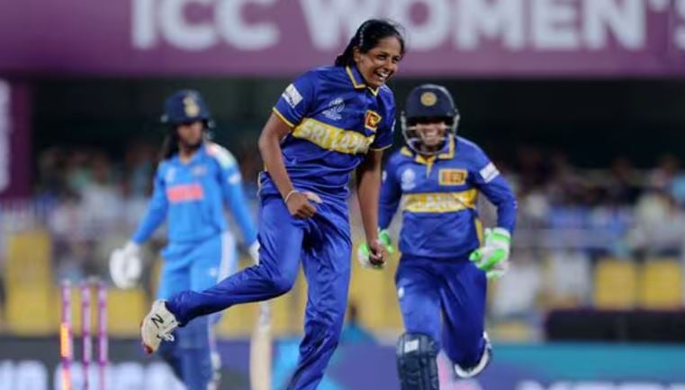 Inoka Ranaweera, while celebrating one of her wickets against India in the 2025 ICC Women