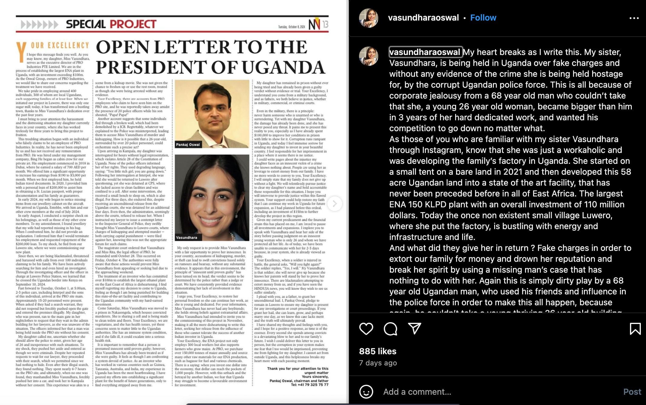 Instagram post of Vasundhara Oswal which highlights the open letter written to the President of Uganda by Pankaj Oswal in 2024