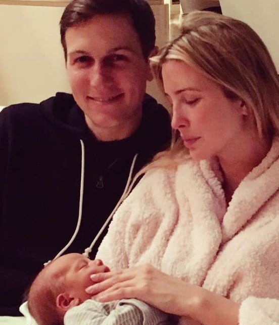 Ivanka and Jared posing after the birth of their son, Theodore James Kushner