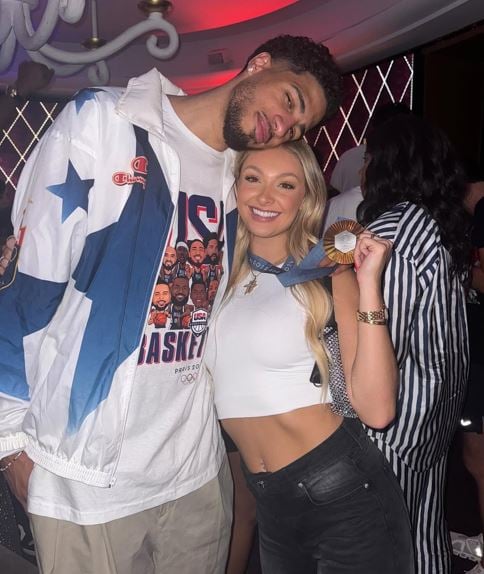 Jade Jones with Tyrese Haliburton after he won the gold medal in 2024 Paris Olympics