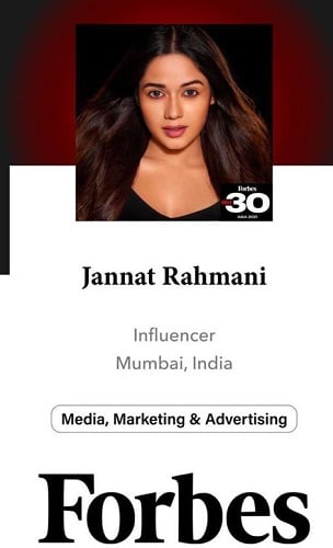 Jannat Zubair Rahmani listed in Forber 30 Under 30