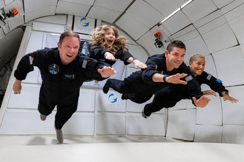 Jared Isaacman and the members of his crew training in zero gravity before their space mission