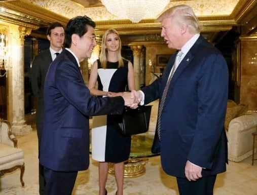 Jared Kushner, his wife, Ivanka Trump, and Donald Trump while meeting Japan’s Prime Minister