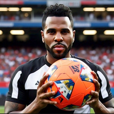 Jason Derulo posing with a football
