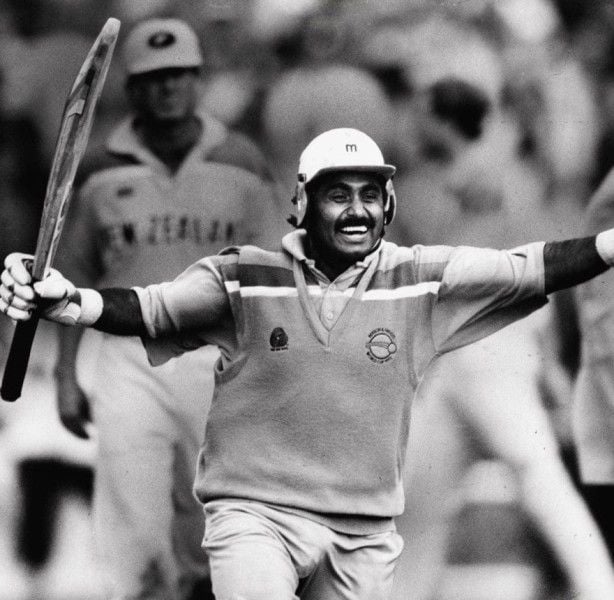 Javed Miandad celebrating after winning the semifinal match against New Zealand in the 1992 World Cup