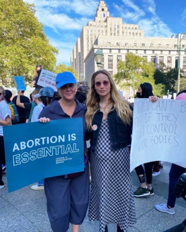 Jennifer Lawrence (right), along with Amy Schumer (left), while attending the Rally for Abortion Justice in Washington, D.C.