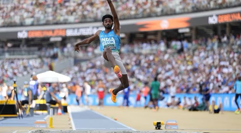 Jeswin Aldrin jumping at the World Athletics Championships in Budapest (2022)