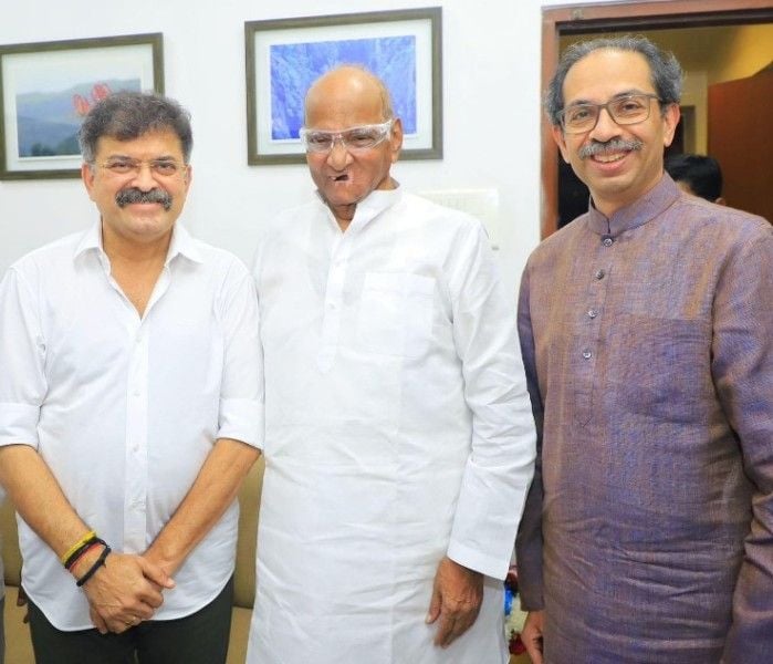 Jitendra Awhad with Sharad Pawar and Uddhav Thackeray (left to right)