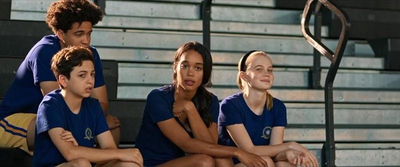 Josie Totah (sitting on the front bench on the left side) in a still from the film Spider-Man Homecoming (2017)